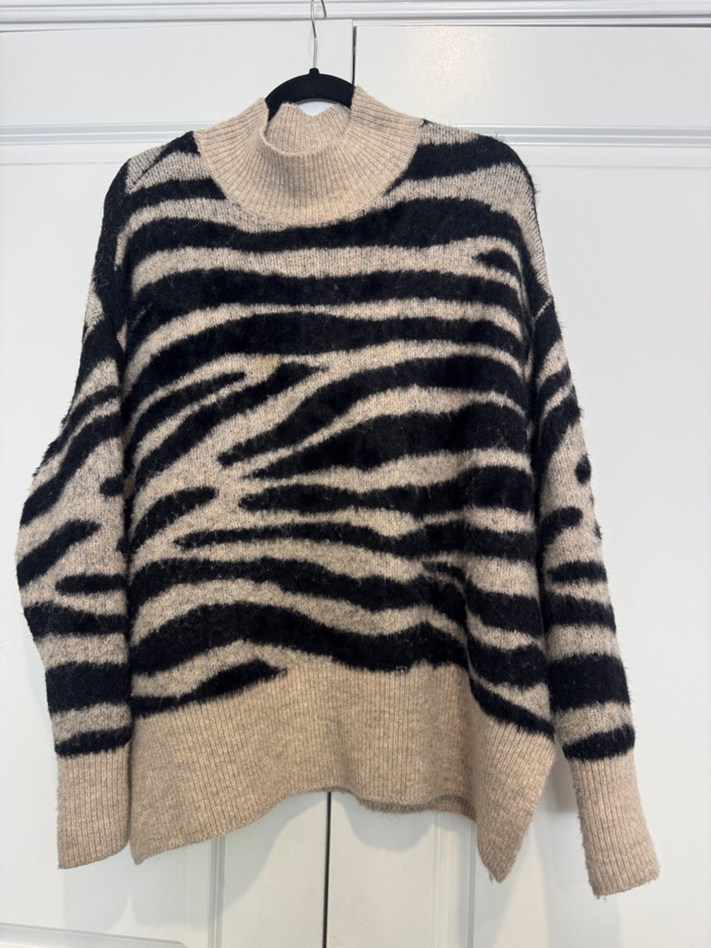 Zebra-Stripe Mock Neck Sweater in Beige and Black